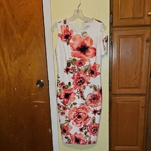 Enfocus Studio Pink and Red Sheath Dress Short Sleeve Crew Neck Midi